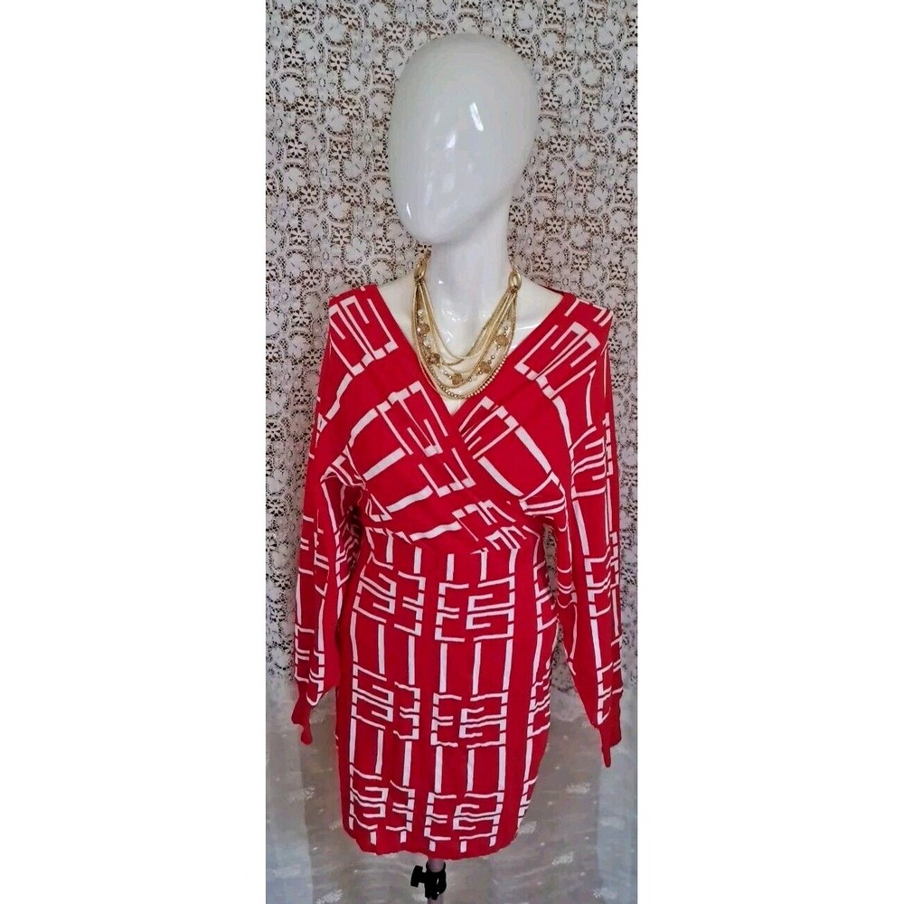 Immodel Women's Sweater Dress‎ Sz M Red White Geometric Print Knit Long Sleeve